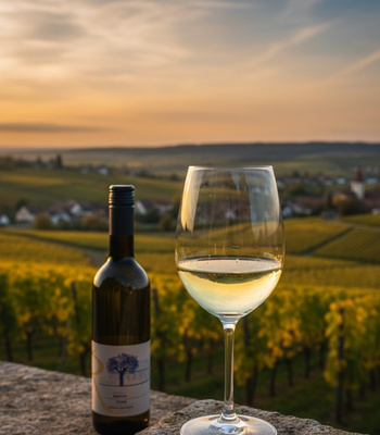 Auxerrois Wein in Glas neben Flasche